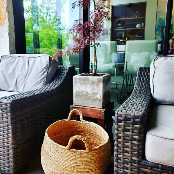 A garden room with woven seating and a Japanese maple planted in a cast concrete cube